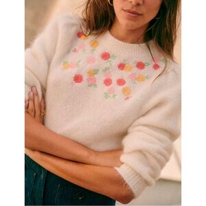 Sezane Cream Floral Knit Sweater with Pink and Yellow Accents